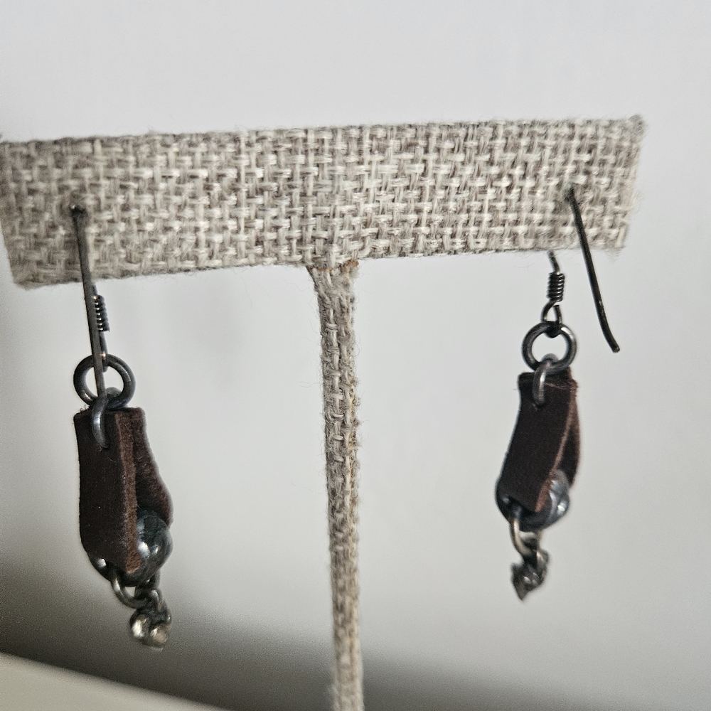 Leather & Silver Heart Drop Earrings | SZ 1.5" - Picture 4 of 8